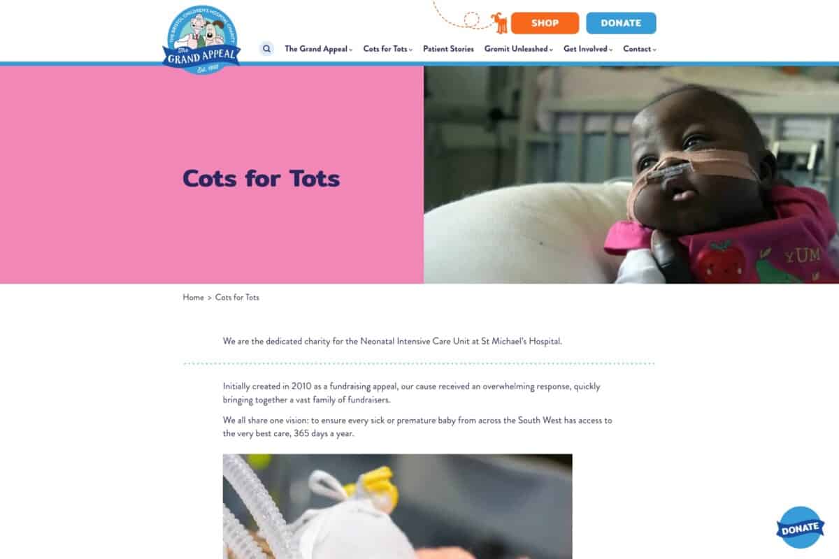 Screenshot from WordPress Cots for Tots page for case study on our award-winning collaboration with an inspirational charity The Grand Appeal