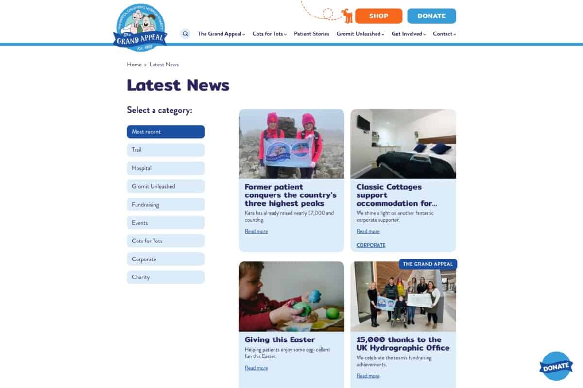 Screenshot from WordPress news page for case study on our award-winning collaboration with an inspirational charity The Grand Appeal