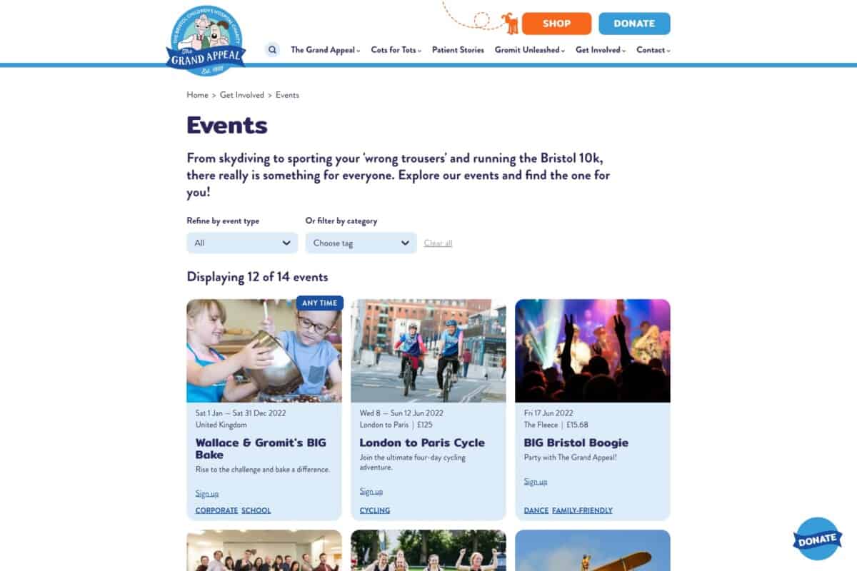 Screenshot from WordPress events page for case study on our award-winning collaboration with an inspirational charity The Grand Appeal