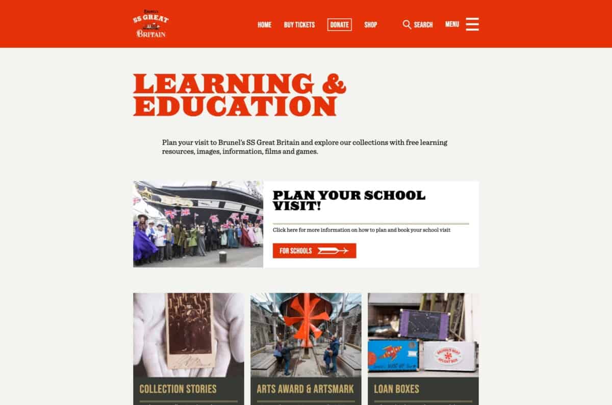 Screenshot of SS Great Britain's website showing learning and education opportunities