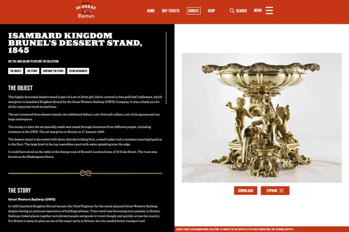 Screenshot of SS Great Britain's WordPress site showing Brunel's dessert stand, part of the historical collection at the museum