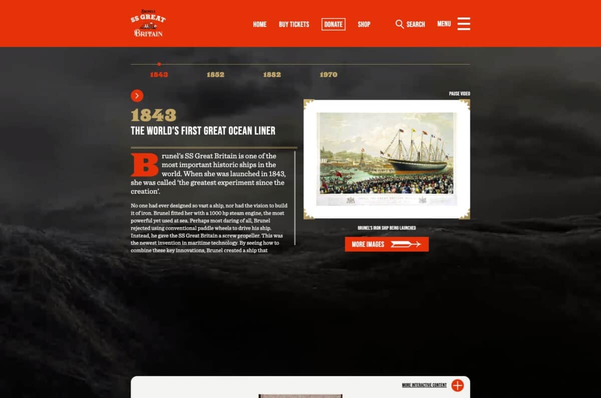 Screenshot of SS Great Britain's website showing first date in story timeline