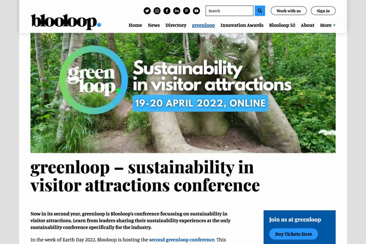 Screenshot of Blooloop's WordPress website showing sustainability conference for attractions industry