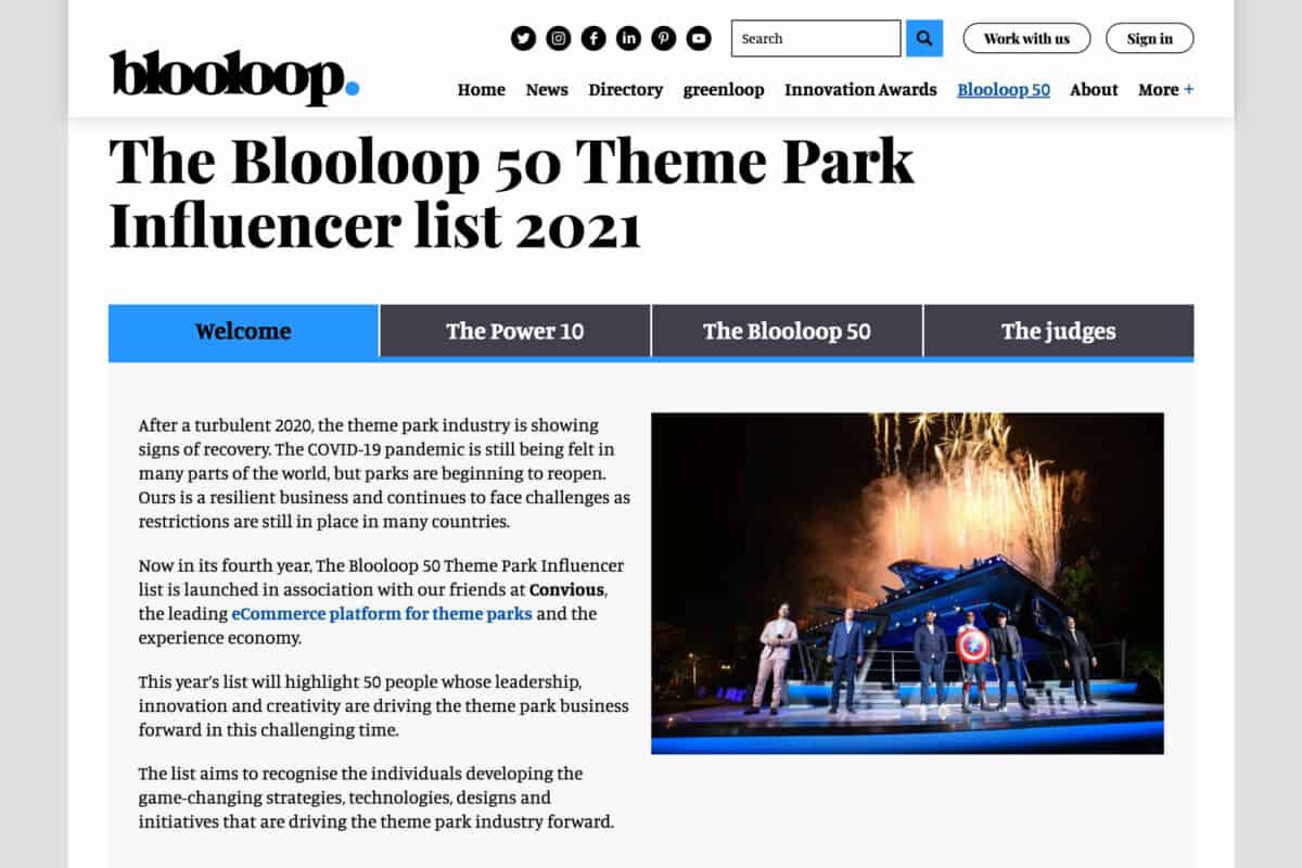 Screenshot of Blooloop's WordPress website showing global attractions industry influencers