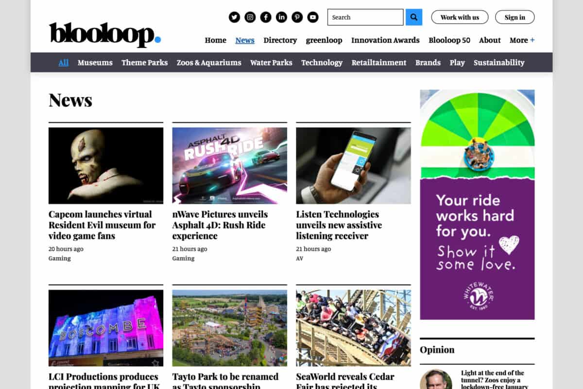Screenshot of Blooloop's WordPress website showing global attractions industry news