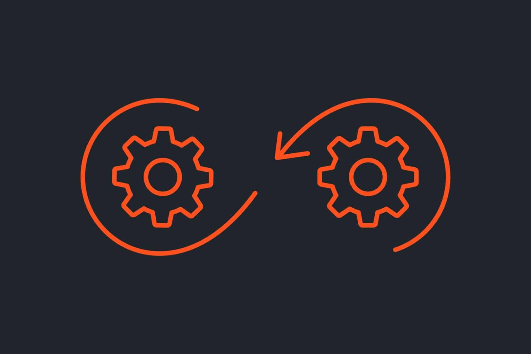 Illustration of two orange cogs turning with arrows set against a dark background to demonstrate the continuous momentum of WordPress development