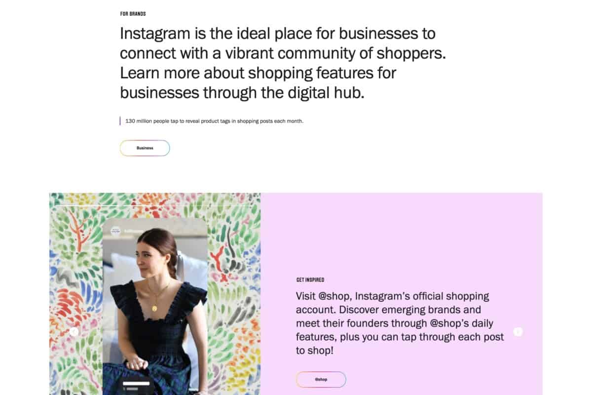 Screenshot showing information about Instagram shopping