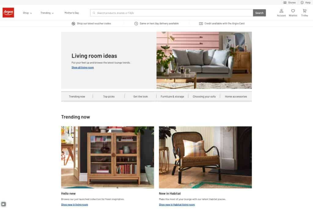 Screenshot of Argos website