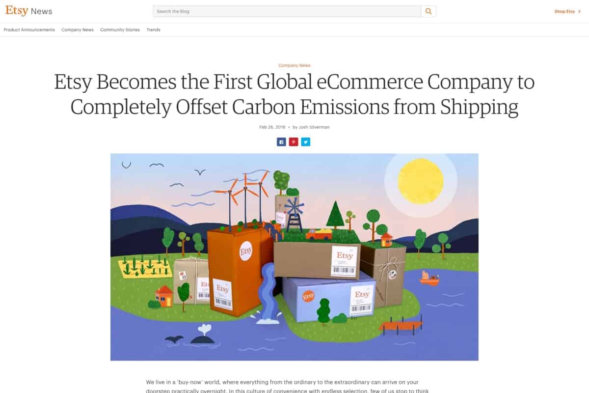 Screenshot of Etsy sustainability impact page