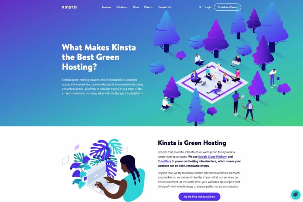 Screenshot of Kinsta's green hosting page to show how renewable energy can be used to power websites, contributing to greener web development