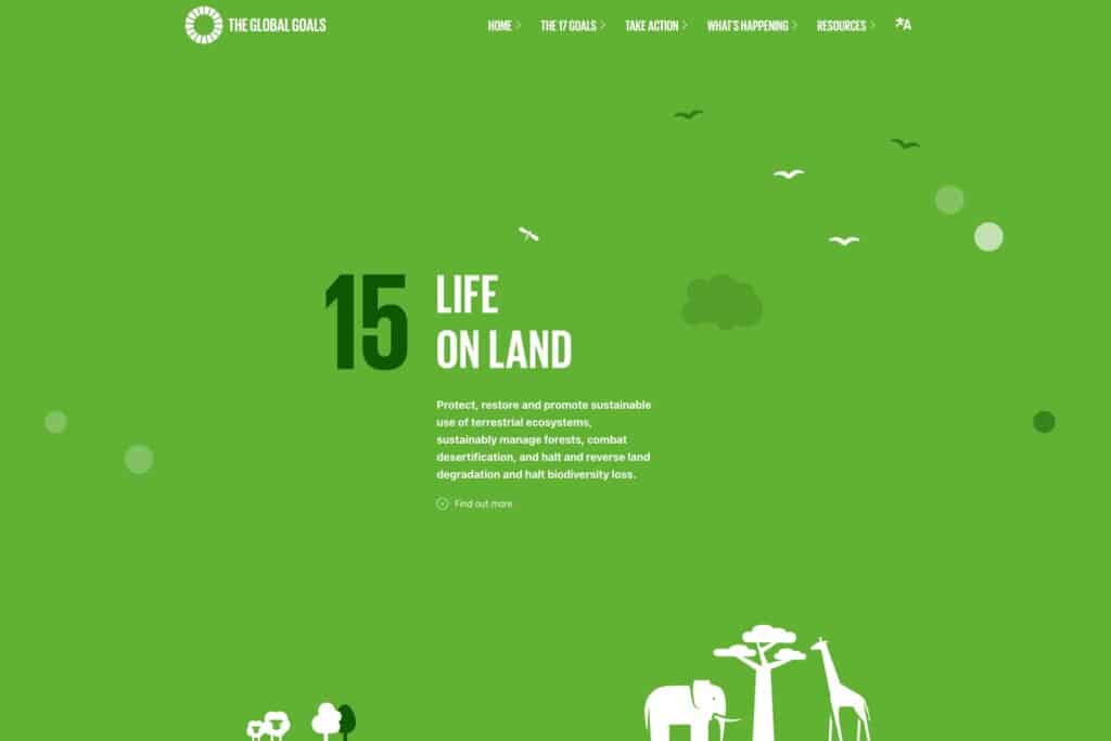 Screenshot of the web page for the UN's 'Life on Land' Global Sustainability Goal 