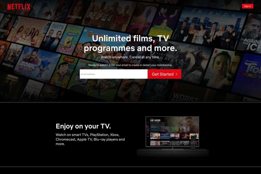 Screenshot of Netflix website