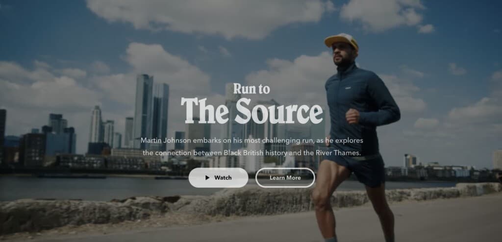 Screenshot of Patagonia's WordPress site showing video of Martin Johnson running by the River Thames to demonstrate how rich media supports eCommerce conversions