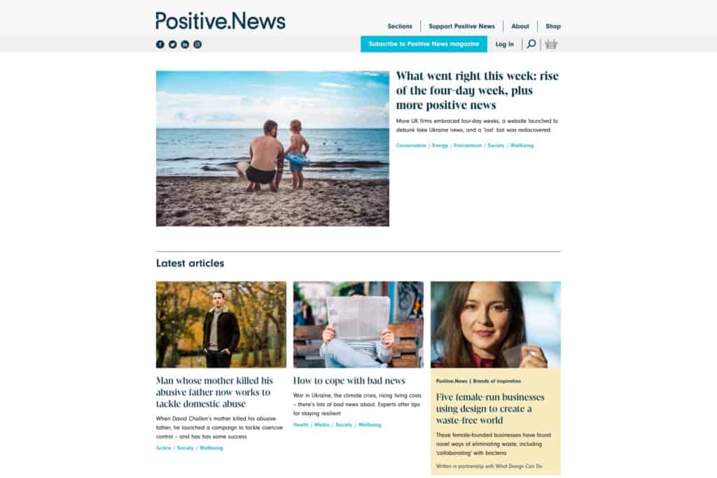 Screenshots of Positive News, a  news website that grows through additional WooCommerce and subscription features