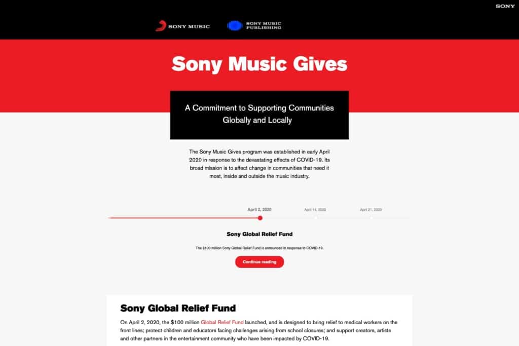 Screenshot of the Sony Music Gives site to show websites that grow to reflect changing business priorities