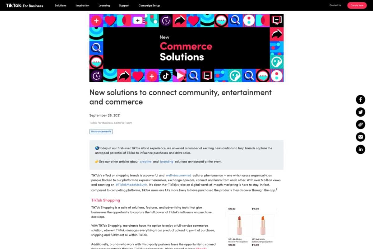 Screenshot of Tik Tok blog about social commerce for shopping via Tik Tok