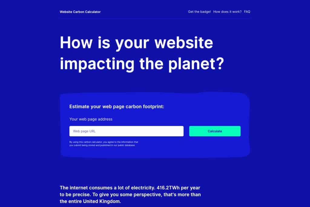 Screenshot of Wholegrain Digital's carbon calculator to demonstrate how measuring the carbon impact of a web page can help drive greener web development