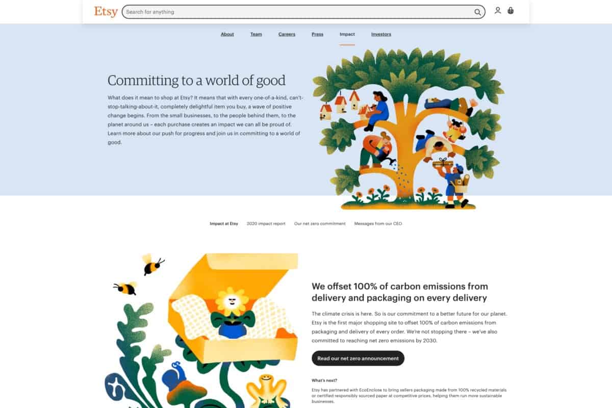 Screenshot of Etsy to show eCommerce sustainability and positive impact