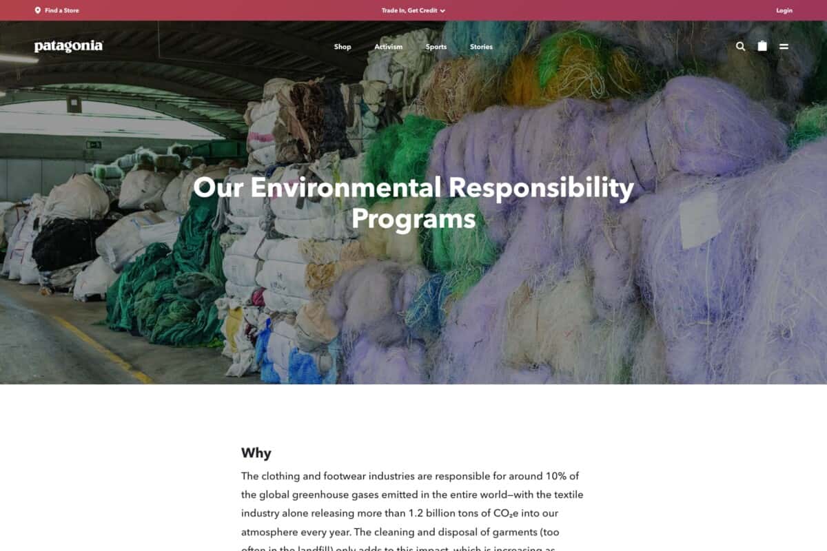 Screenshot of Patagonia eCommerce site's corporate social responsibility