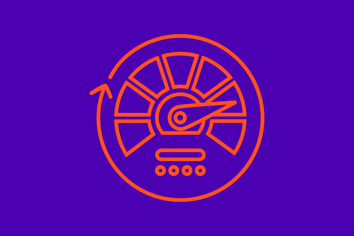 Illustration of a dial in orange in front of a purple background to demonstrate getting the most out of a WooCommerce platform