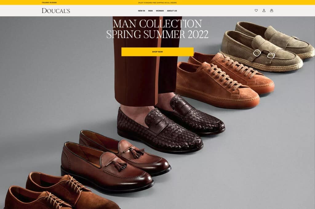 Screenshot from Doucal's luxury footwear WooCommere site showing free shipping offer