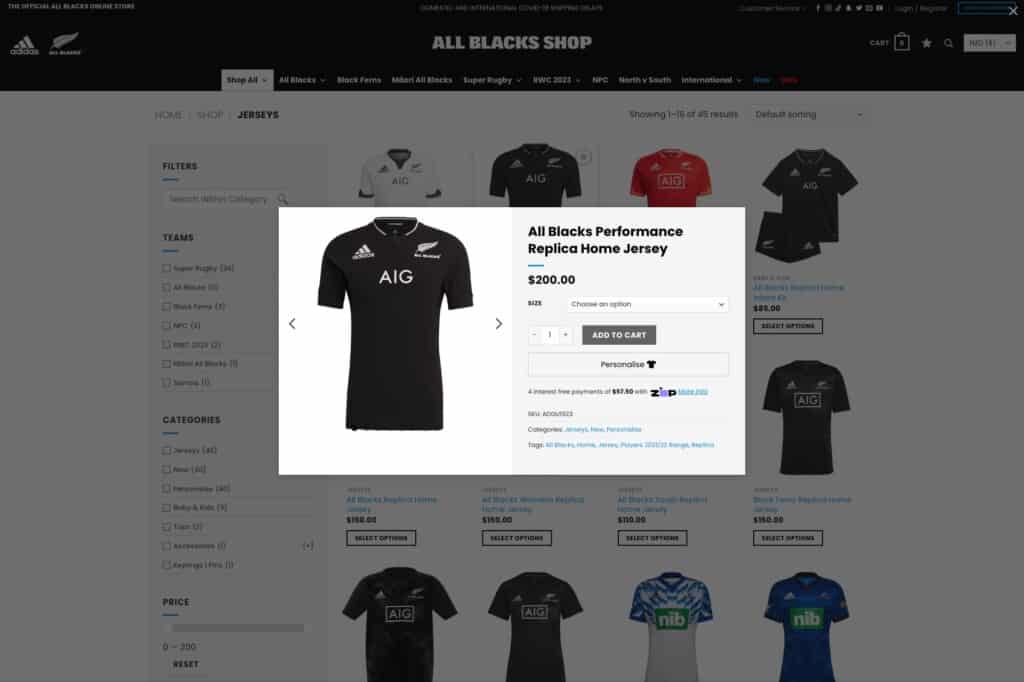 Screenshot from All Blacks official WooCommerce merchandise store showing quick view for products