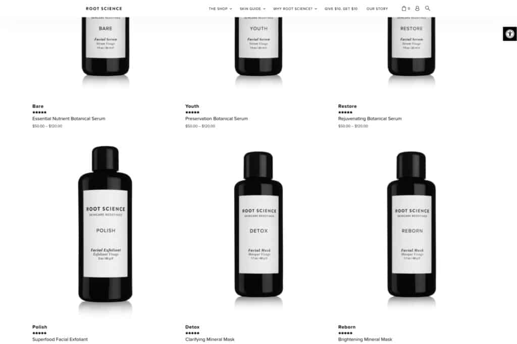 Screenshot from Root Science showing WooCommerce product captions