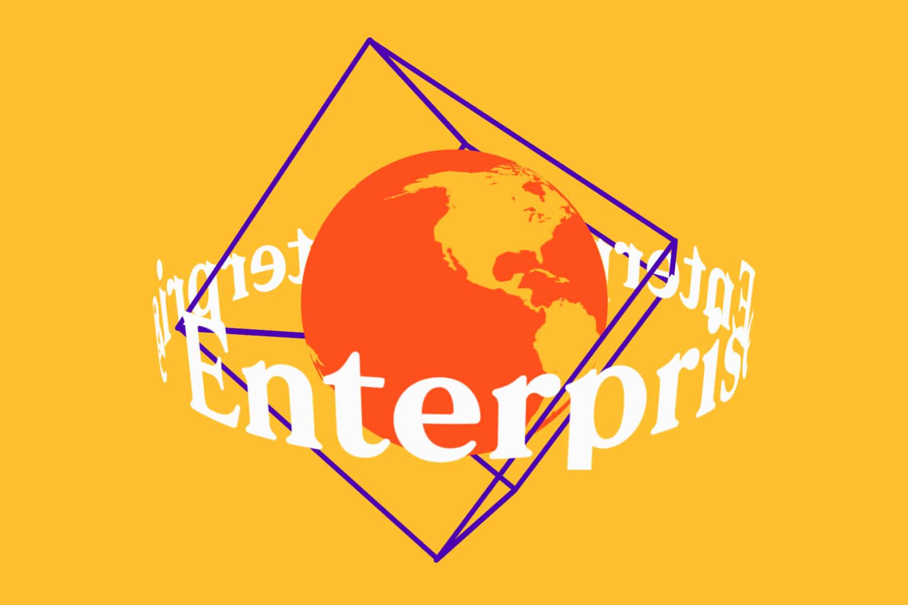 Illustration of orange globe within transparent cube structure with the word 'enterprise' circling it, set across a yellow background, to demonstrate WordPress as an enterprise solution