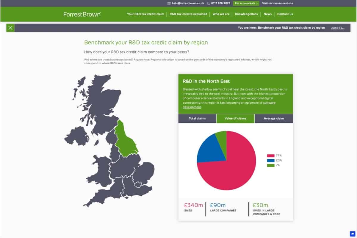 Screenshot of interactive map for case study on WordPress website build and ongoing optimisation for one of the UK’s largest R&D tax credit specialists ForrestBrown