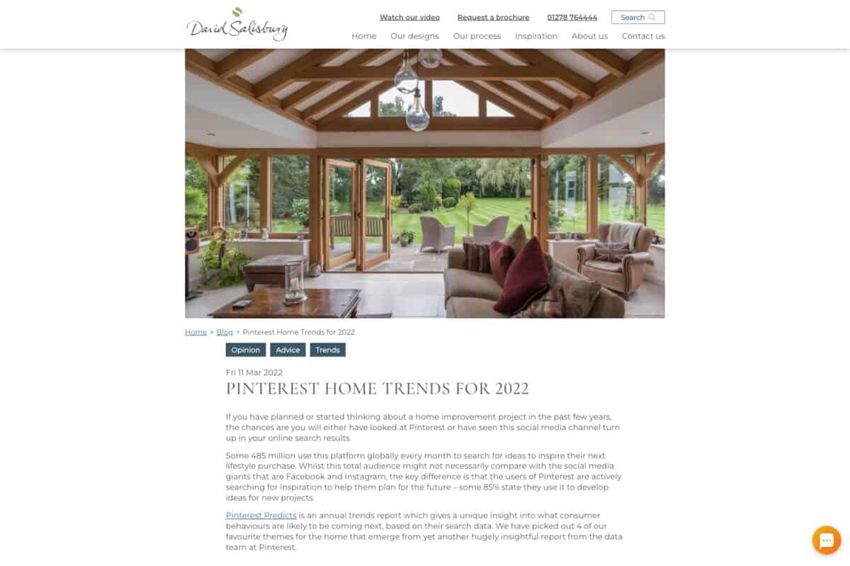 Screenshot of WordPress blog for case study on making the digital as eye-catching as the physical for award-winning manufacturer and designer David Salisbury