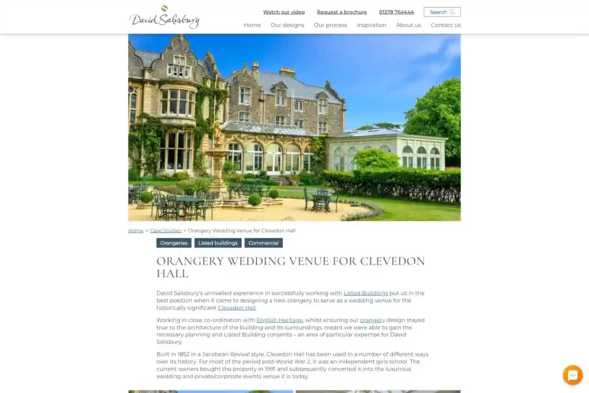 Screenshot of WordPress case study on Cleveland Hall for case study on making the digital as eye-catching as the physical for award-winning manufacturer and designer David Salisbury