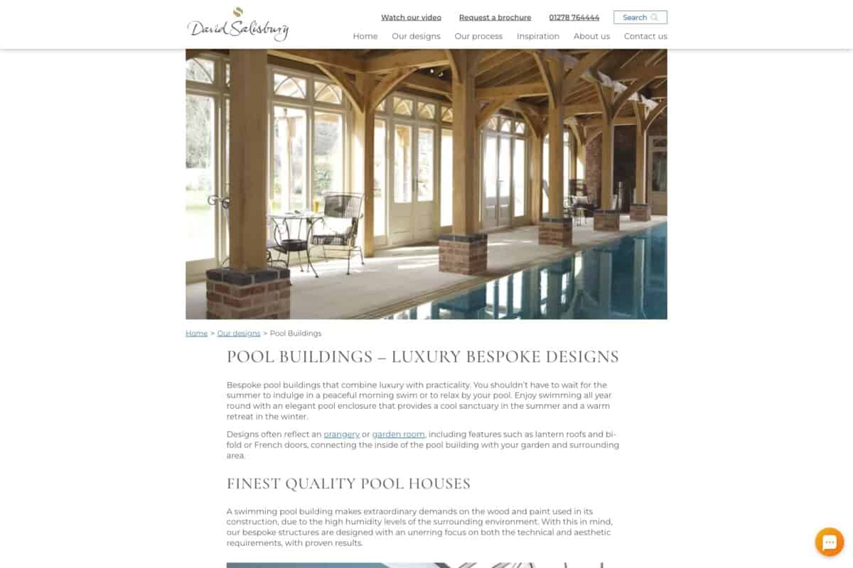 Screenshot of WordPress pools page for case study on making the digital as eye-catching as the physical for award-winning manufacturer and designer David Salisbury