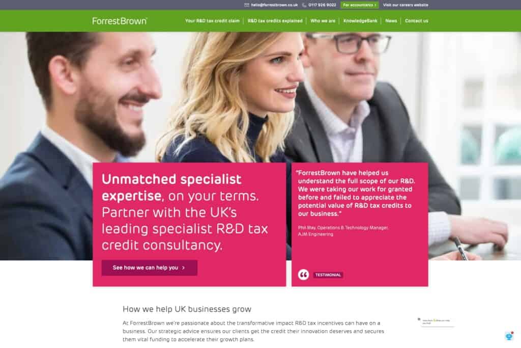Screenshot of homepage for case study on WordPress website build and ongoing optimisation for one of the UK’s largest R&D tax credit specialists ForrestBrown