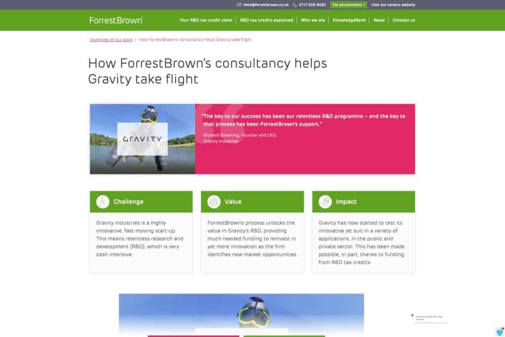 Screenshot for case study on WordPress website build and ongoing optimisation for one of the UK’s largest R&D tax credit specialists ForrestBrown