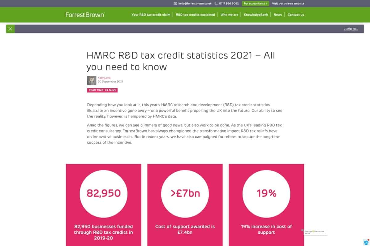 Screenshot of news for case study on WordPress website build and ongoing optimisation for one of the UK’s largest R&D tax credit specialists ForrestBrown