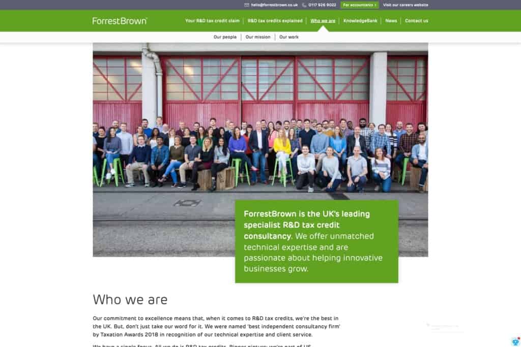 Screenshot of team page for case study on WordPress website build and ongoing optimisation for one of the UK’s largest R&D tax credit specialists ForrestBrown