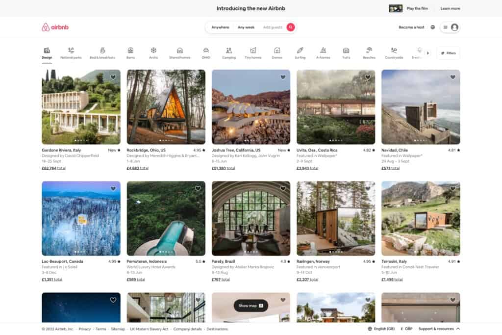 Screenshot of the Airbnb homepage to demonstrate UX