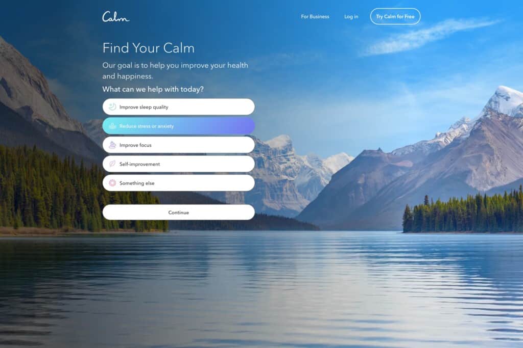 Screenshot of the Calm homepage to demonstrate UX