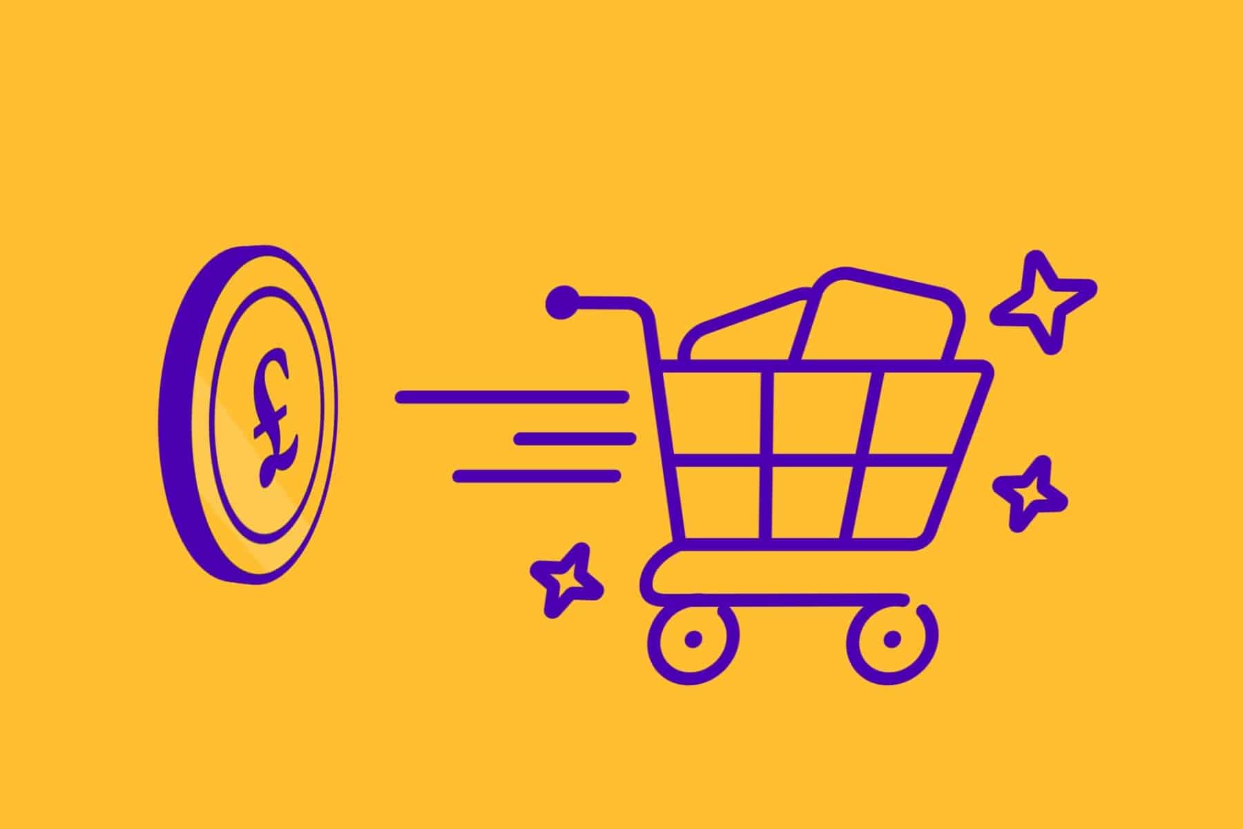 Purple illustration on yellow background with pound sign and shopping cart to represent increasing average order value of WooCommerce stores