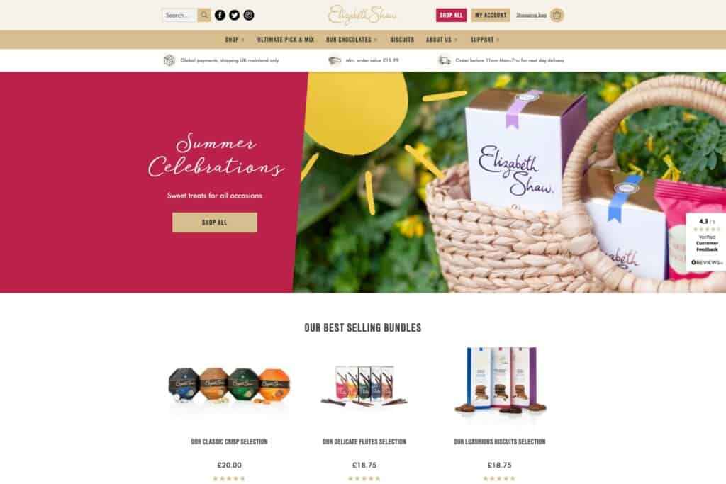 Homepage of Elizabeth Shaw WooCommerce store, which increased average order value by 20%