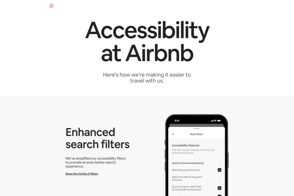 Screenshot of Airbnb accessibility features page