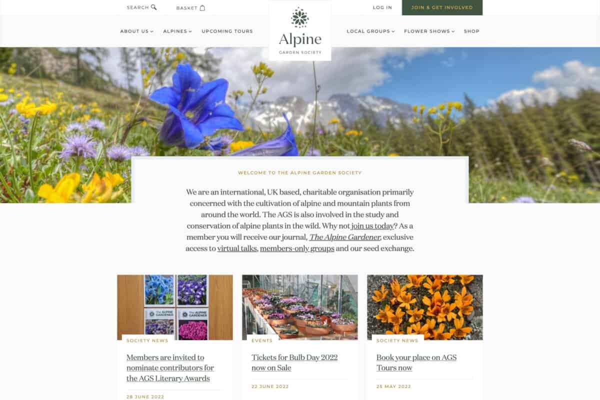 Screenshot of the Alpine Garden Society membership WordPress and WooCommerce site