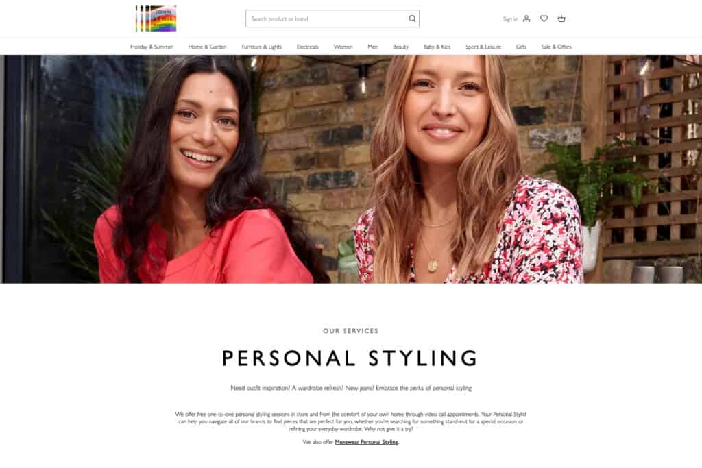 John Lewis website offering personal styling in-store or virtually from home