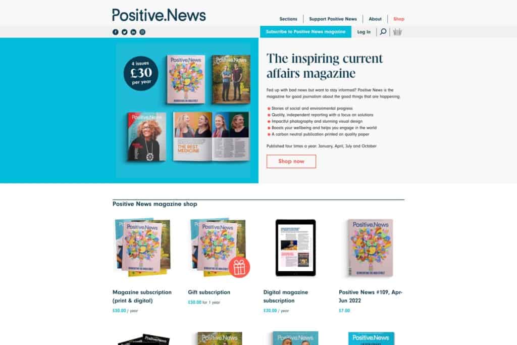 Screenshot of the Positive News WordPress and WooCommerce site