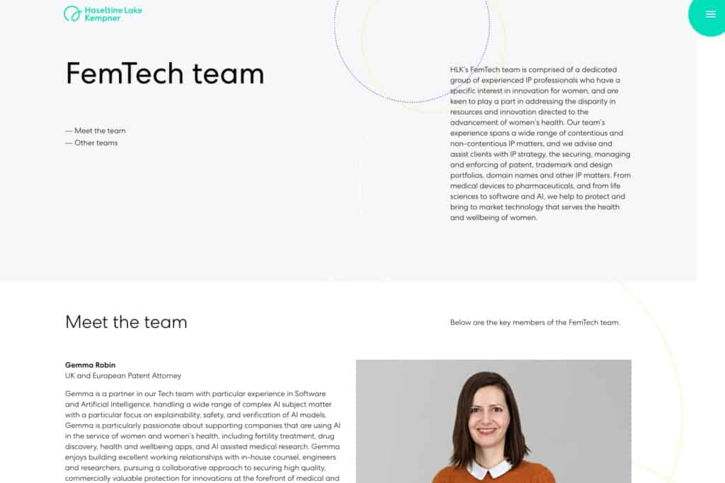 Screenshot of Haseltine Lake Kempner WordPress Our Teams sub-page showing FemTech team