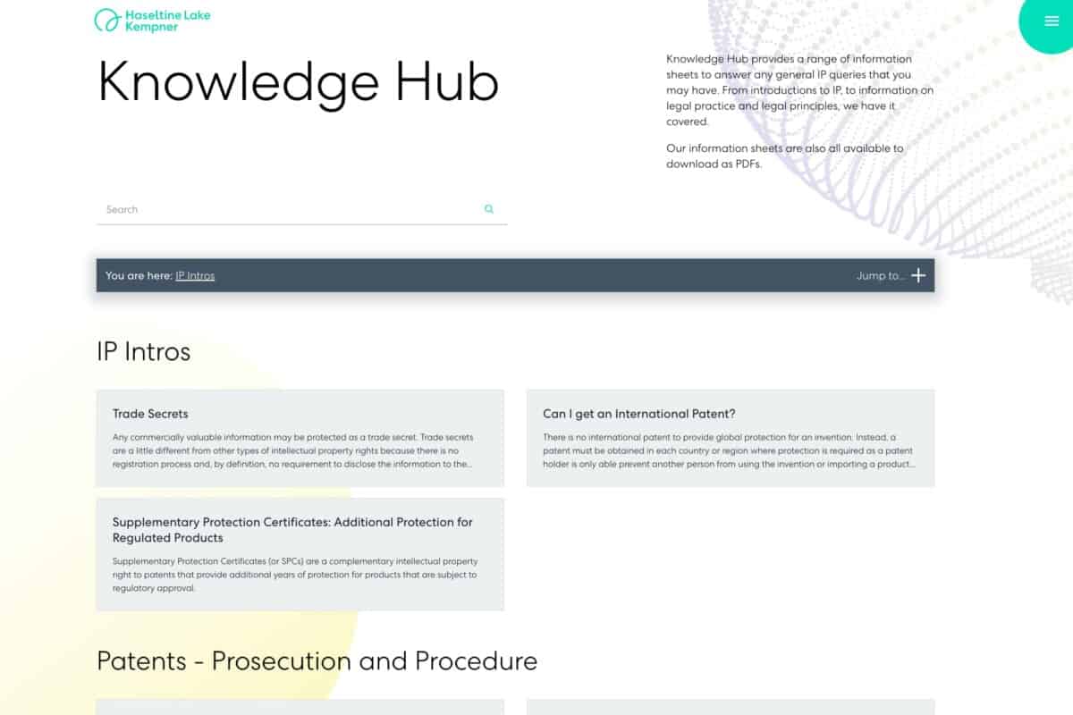 Screenshot of Knowledge Hub list on Haseltine Lake Kempner WordPress site