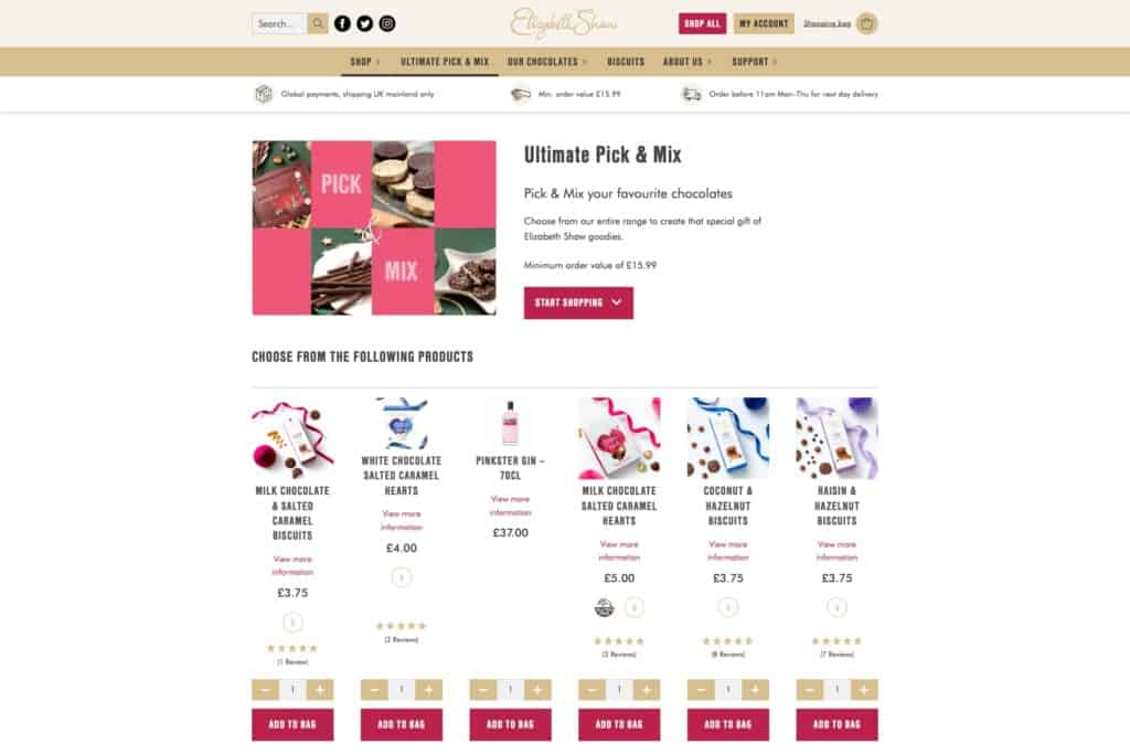 Screenshot of the Elizabeth Shaw WooCommerce site to demonstrate bundles for wider customer choice and gift personalisation