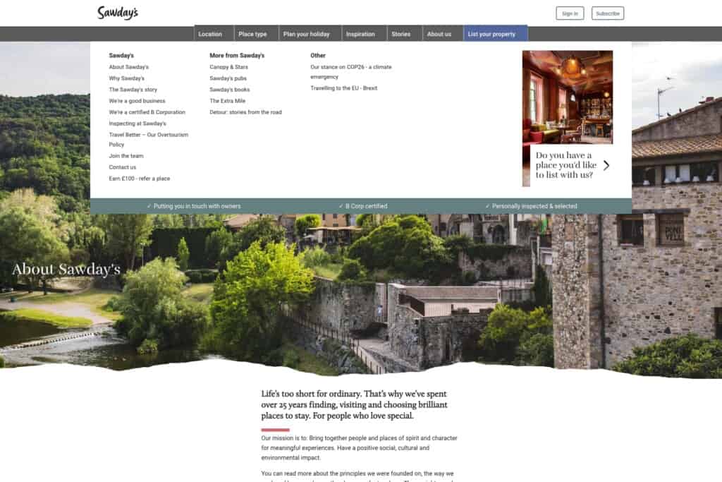 Screenshot of Sawday's About page on their WordPress website to demonstrate their brand values in menu