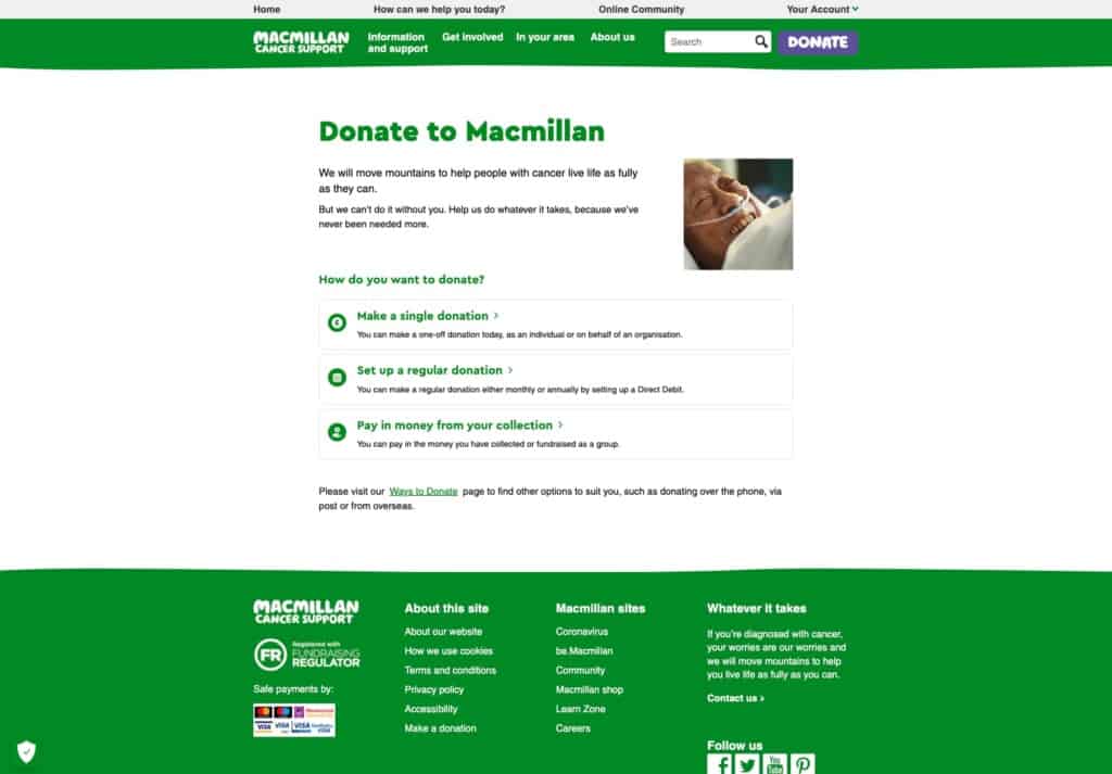 Simple and informative UI for online charity donations to Macmillan