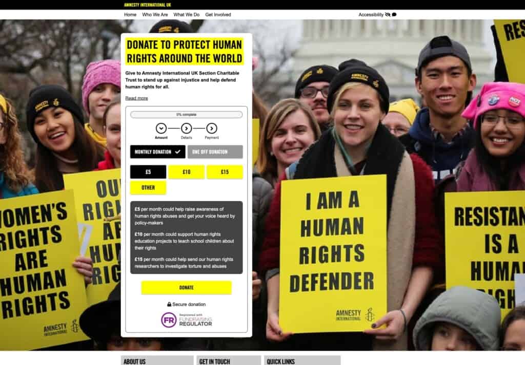 Website charity donations for Amnesty International